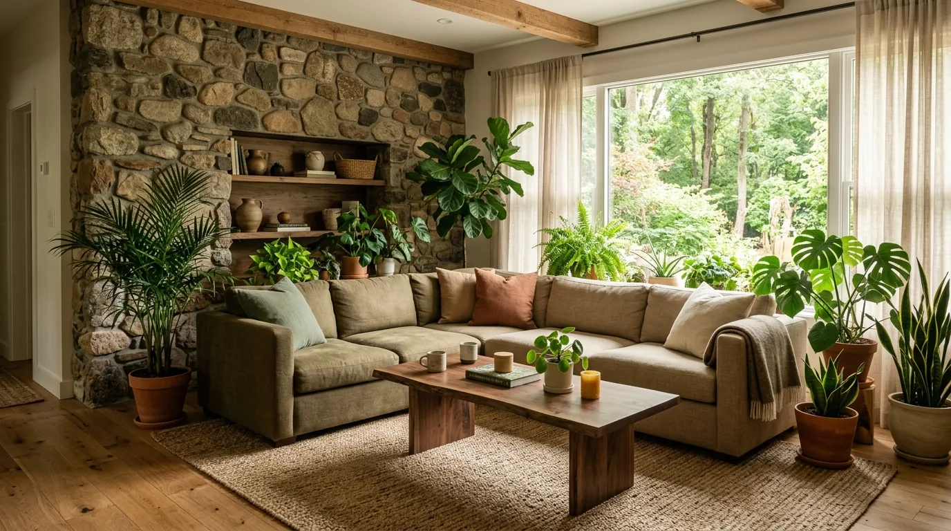 Earthy lounge with layered jute rugs