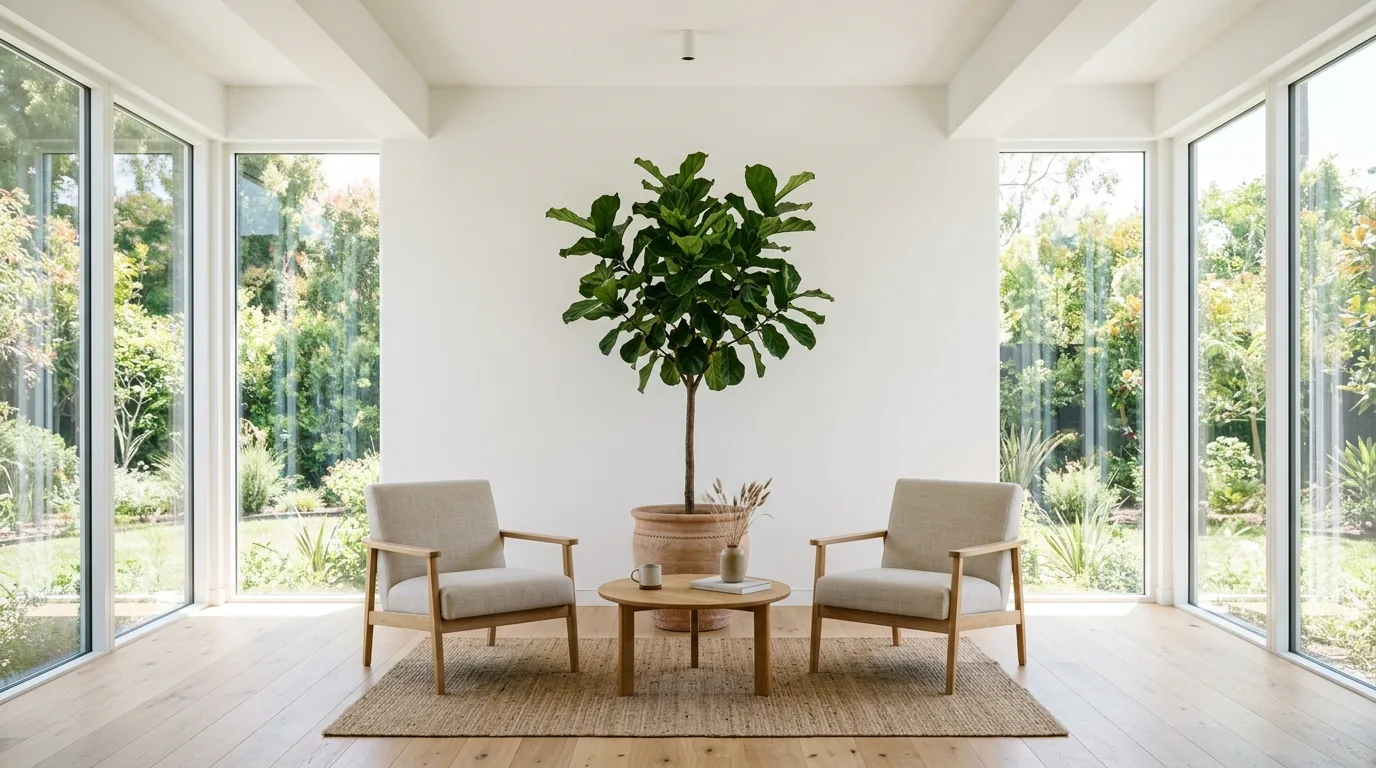 Minimal biophilic living room with low neutral seating