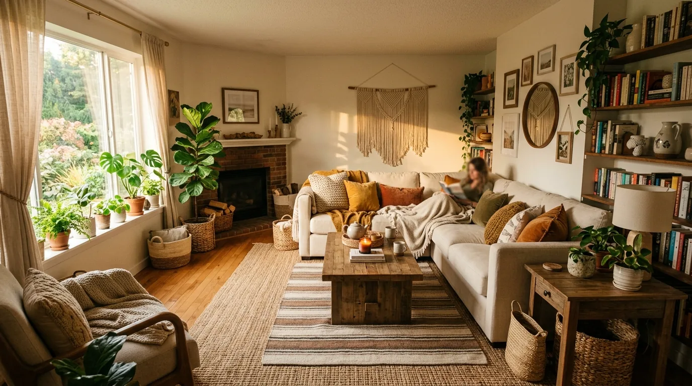Sunlit living room with wall of greenery outside large windows