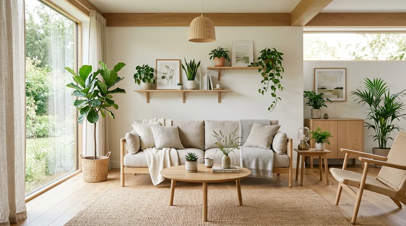 Biophilic shelf styling with driftwood objects