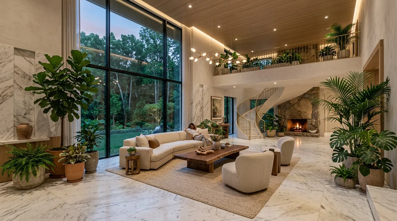 Living room featuring hanging plants and floor palms