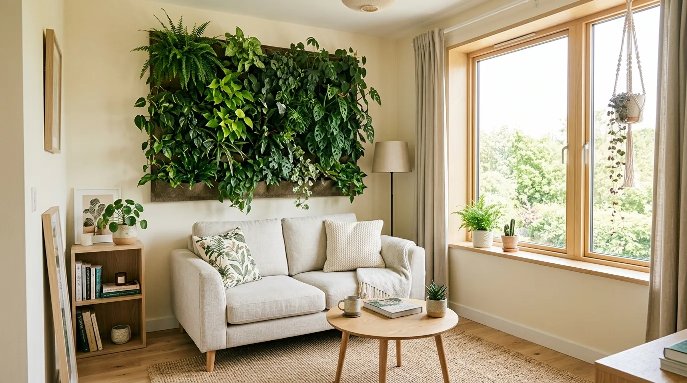 Cozy nature inspired den with dark green walls