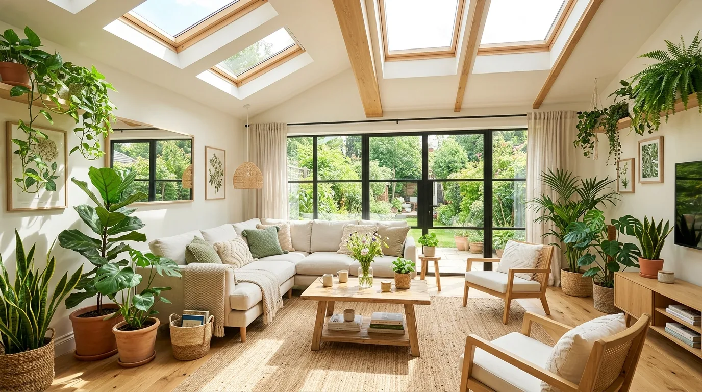 Reading nook in the living room with plant cluster