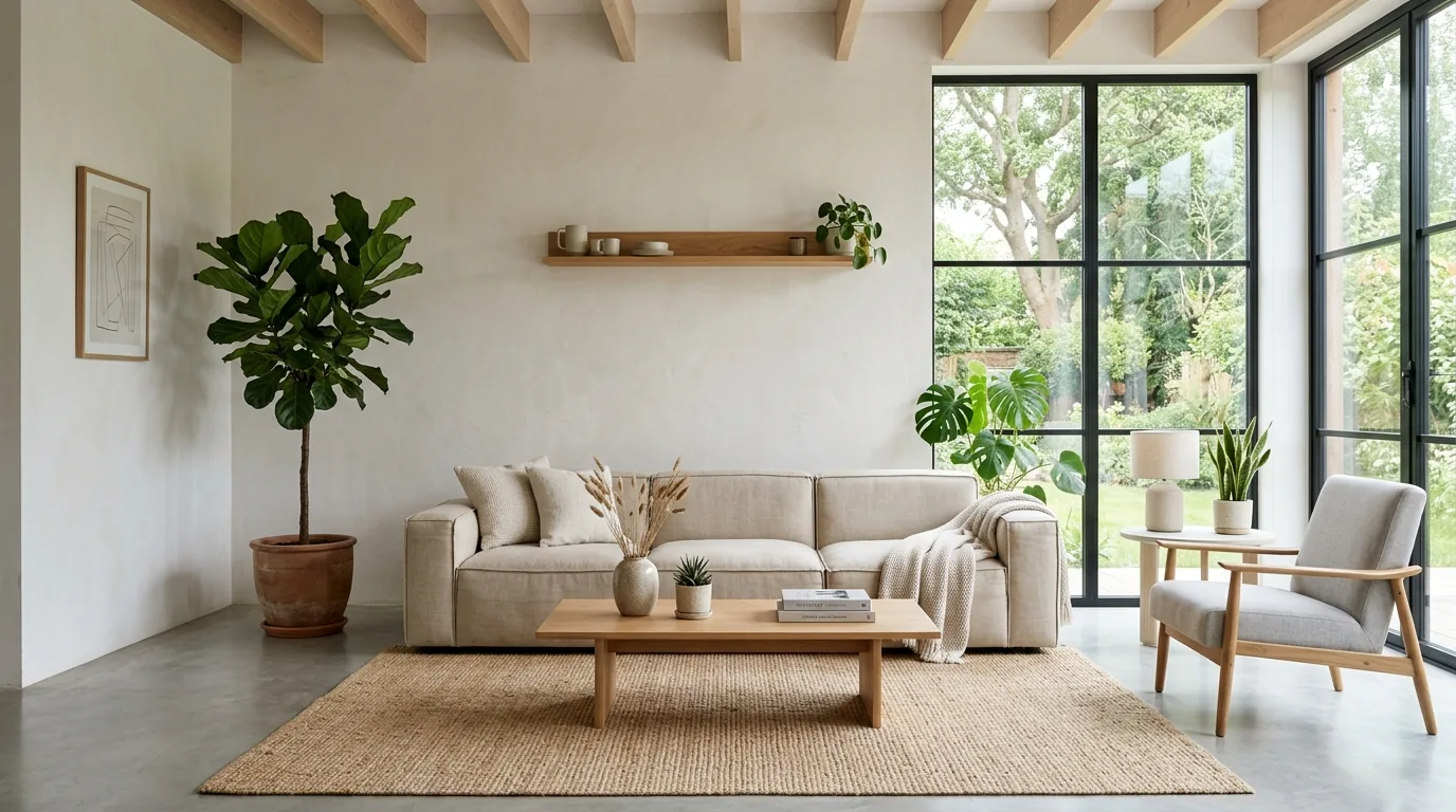 Scandinavian biophilic living room with pale oak