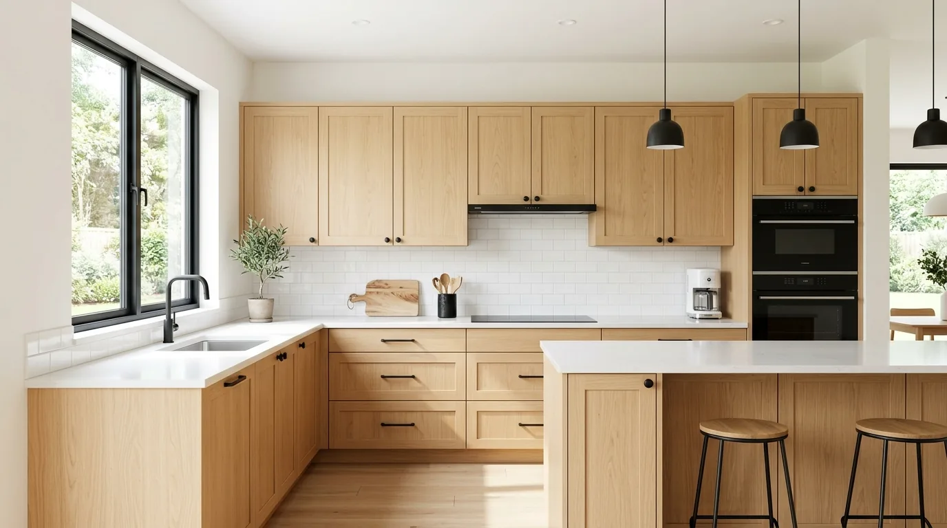 Modern kitchen with matte black cabinet pulls on pale oak fronts