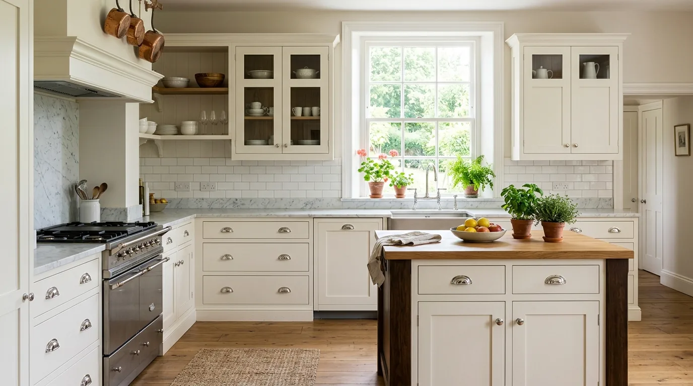 Transitional kitchen with polished nickel knobs and cup pulls