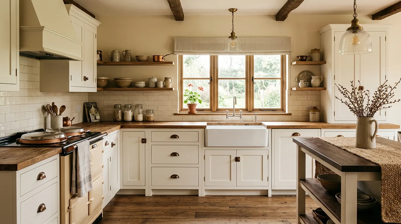 Cream kitchen cabinets with antique brass latches and soft marble counters