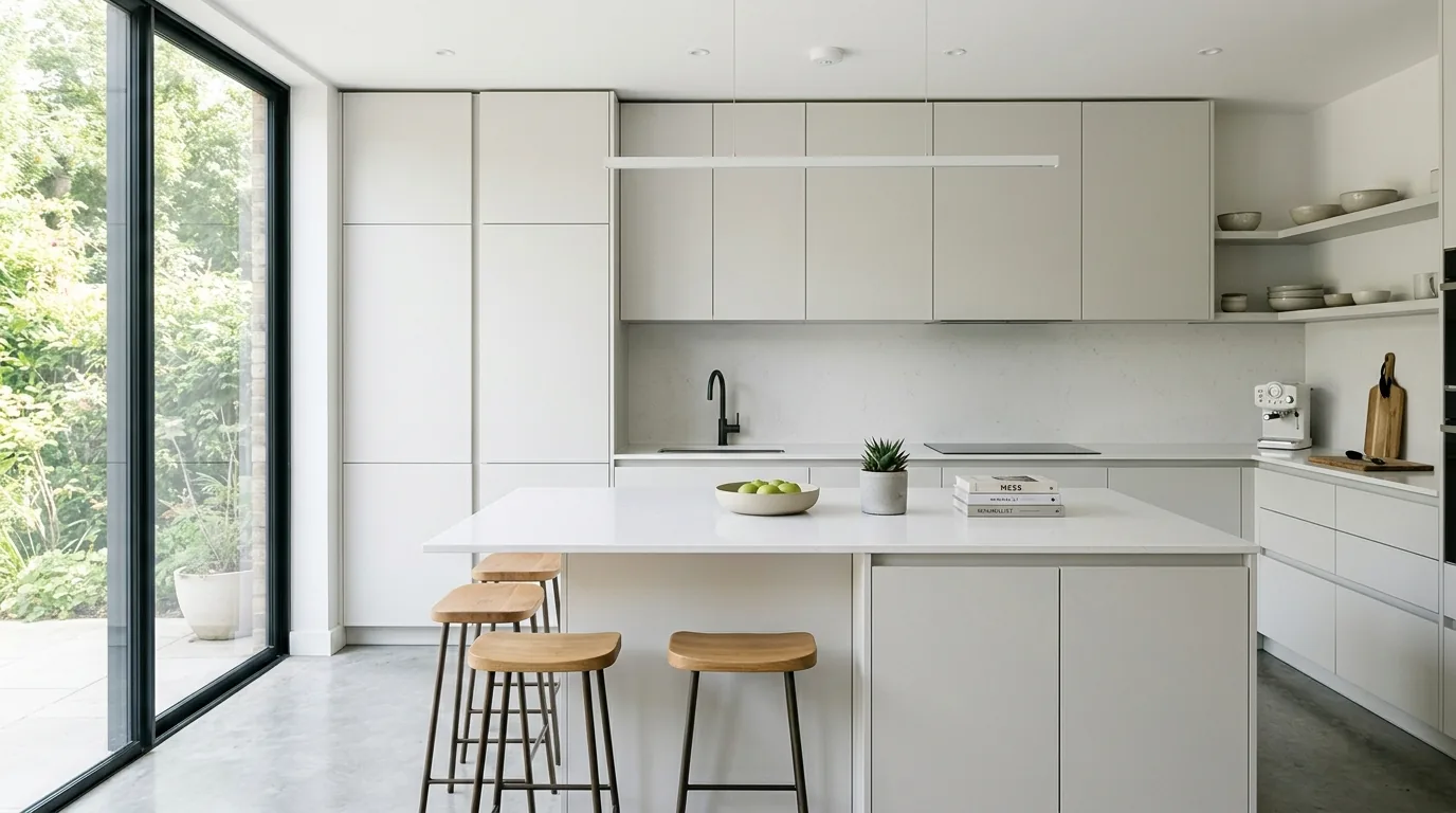 Flat-panel cabinetry with extra-long linear pulls
