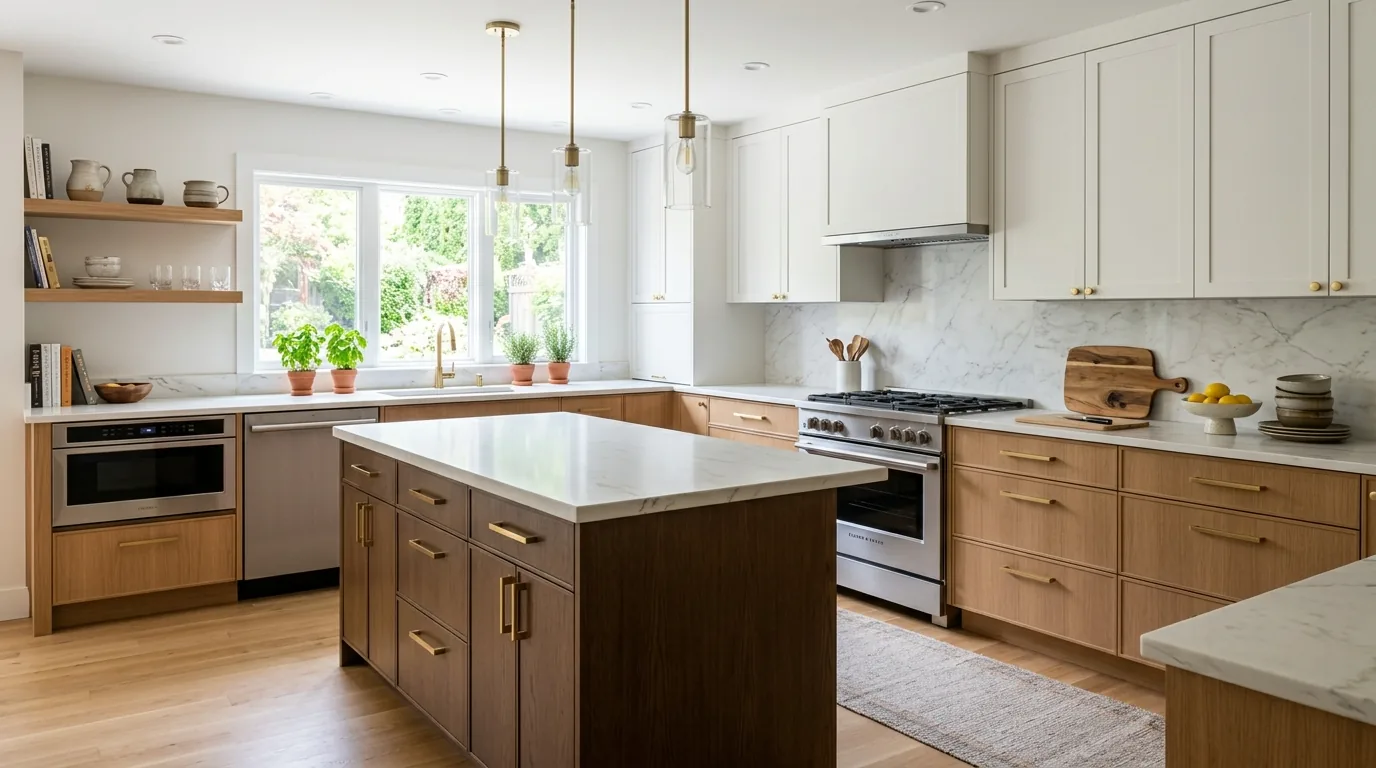 Farmhouse kitchen with bin pulls on drawers and round knobs on uppers