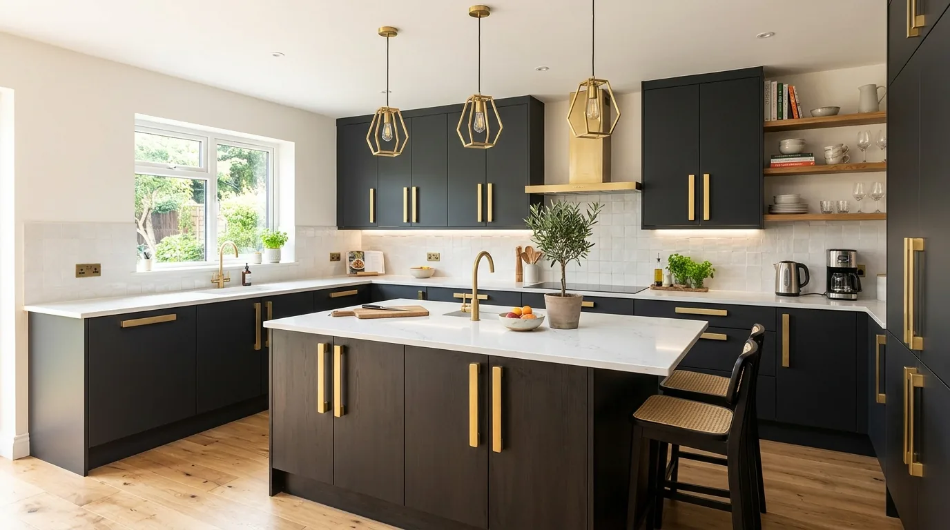 Deep navy cabinets with satin brass hardware