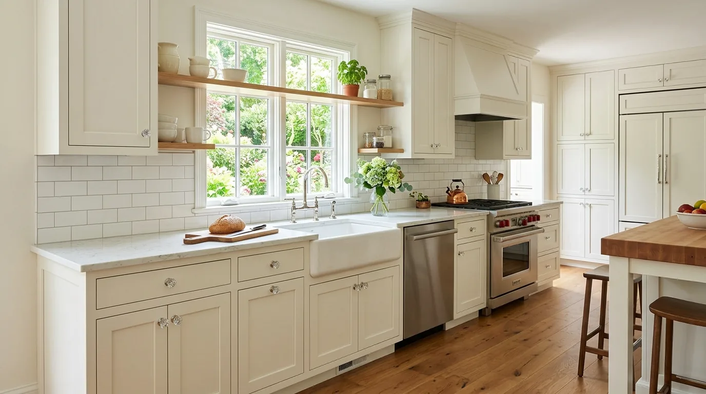 Luxury kitchen with mixed metal hardware and layered lighting