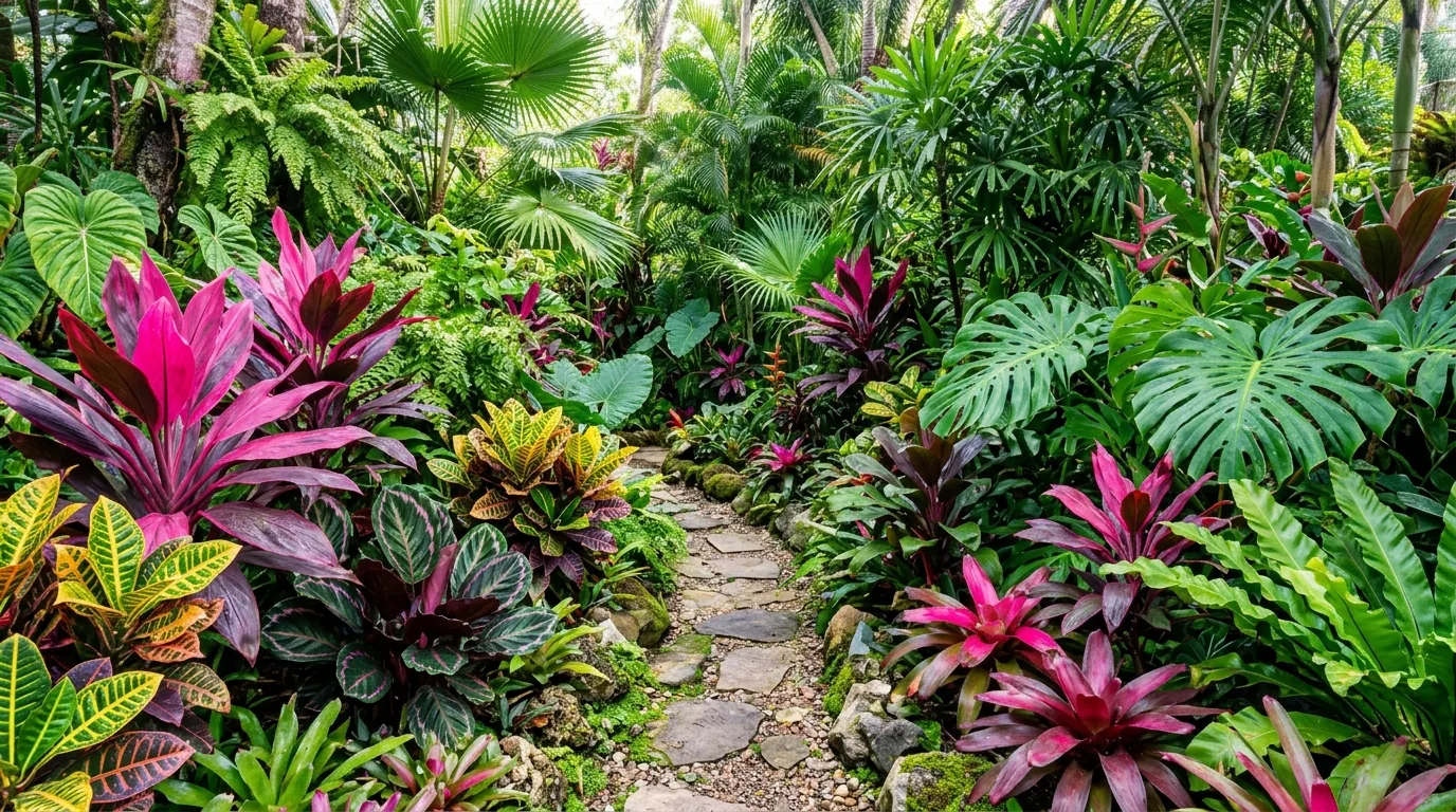 Tropical planting bed with elephant ears and crotons