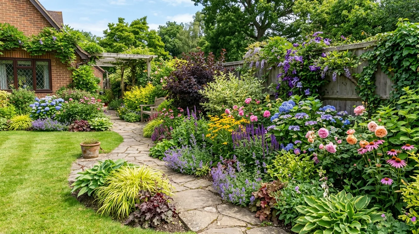 Shade garden with chartreuse hostas and dark heuchera