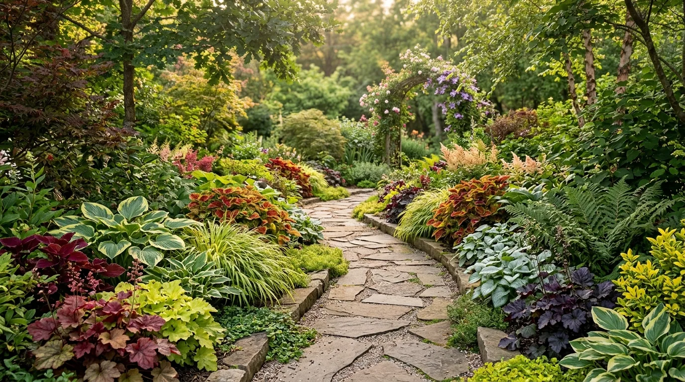 Container garden with variegated foliage and trailing accents