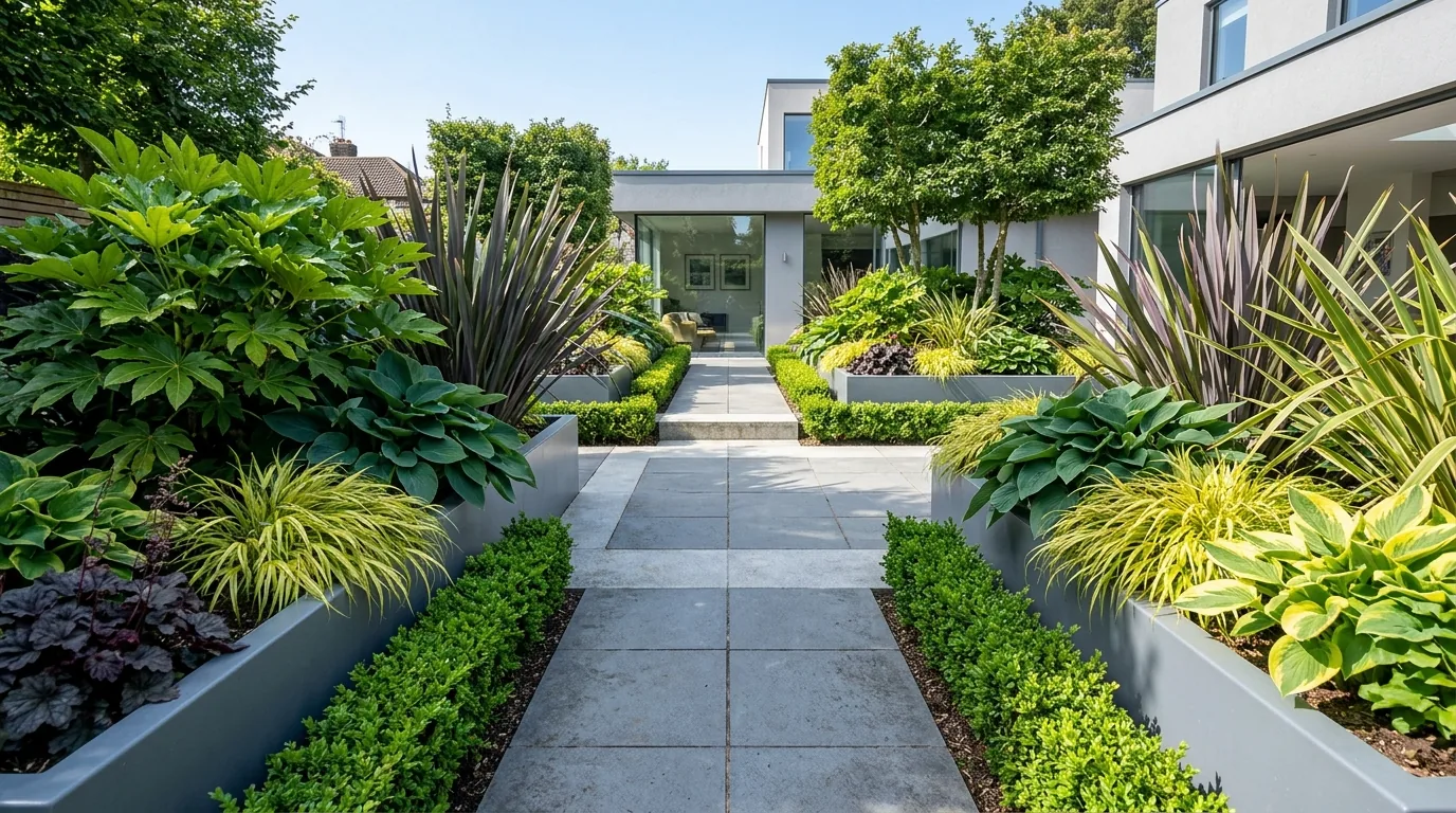 Modern landscape with structured grasses and bronze-leaf plants