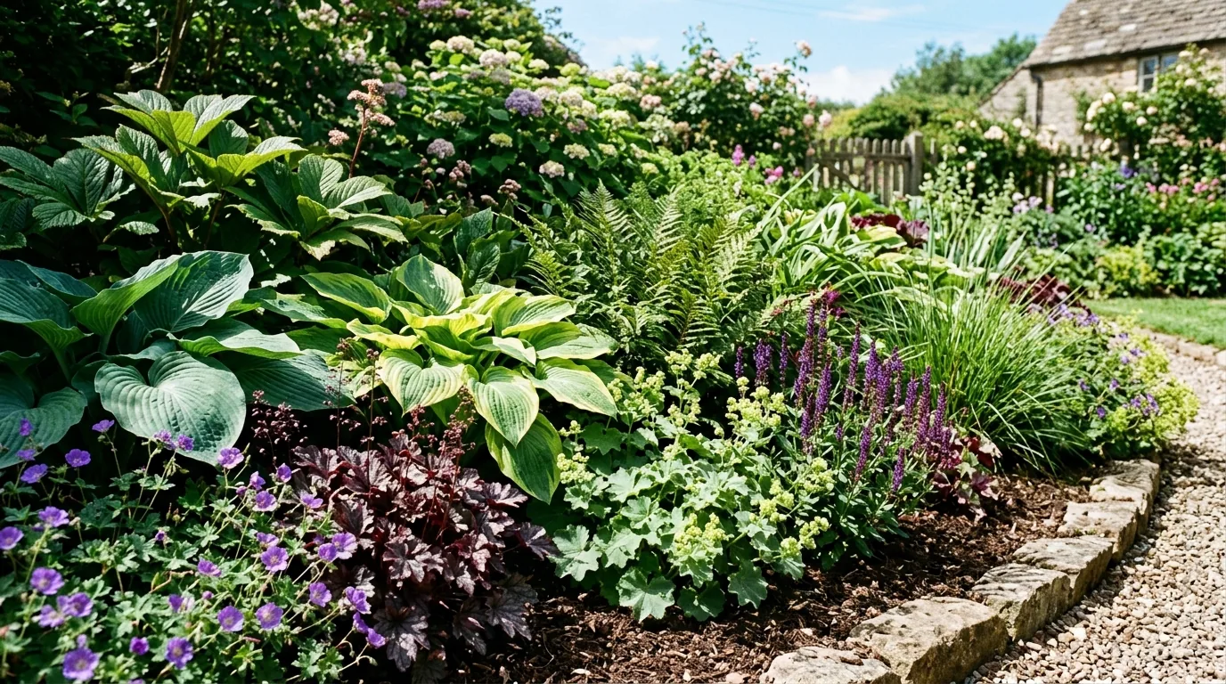Poolside planting with tropical palms and bright foliage clusters