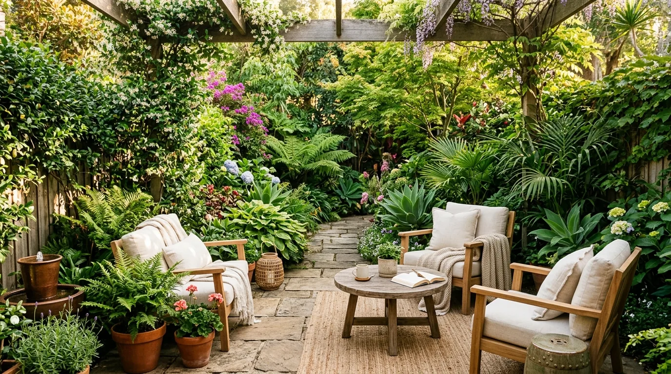 Small courtyard with potted foliage in terracotta and stone planters