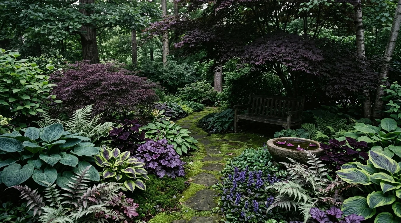 Woodland garden edge with variegated shrubs and mossy underplanting