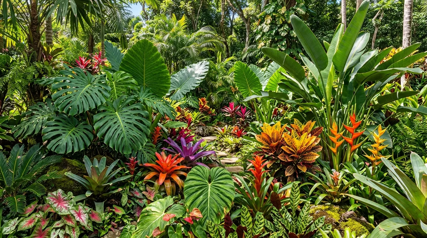 Rain garden with moisture-loving foliage textures and deep color shifts