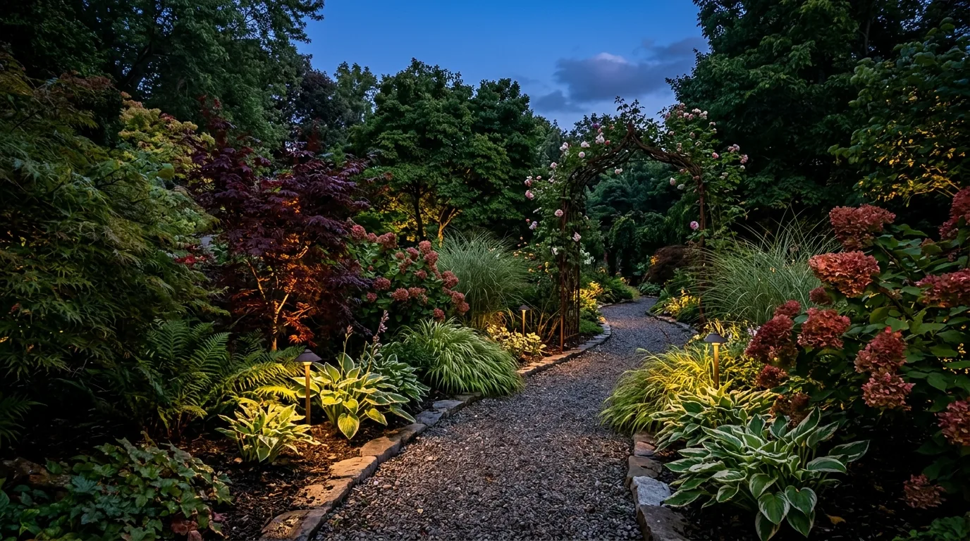 Cinematic lush garden landscape with colorful foliage layers