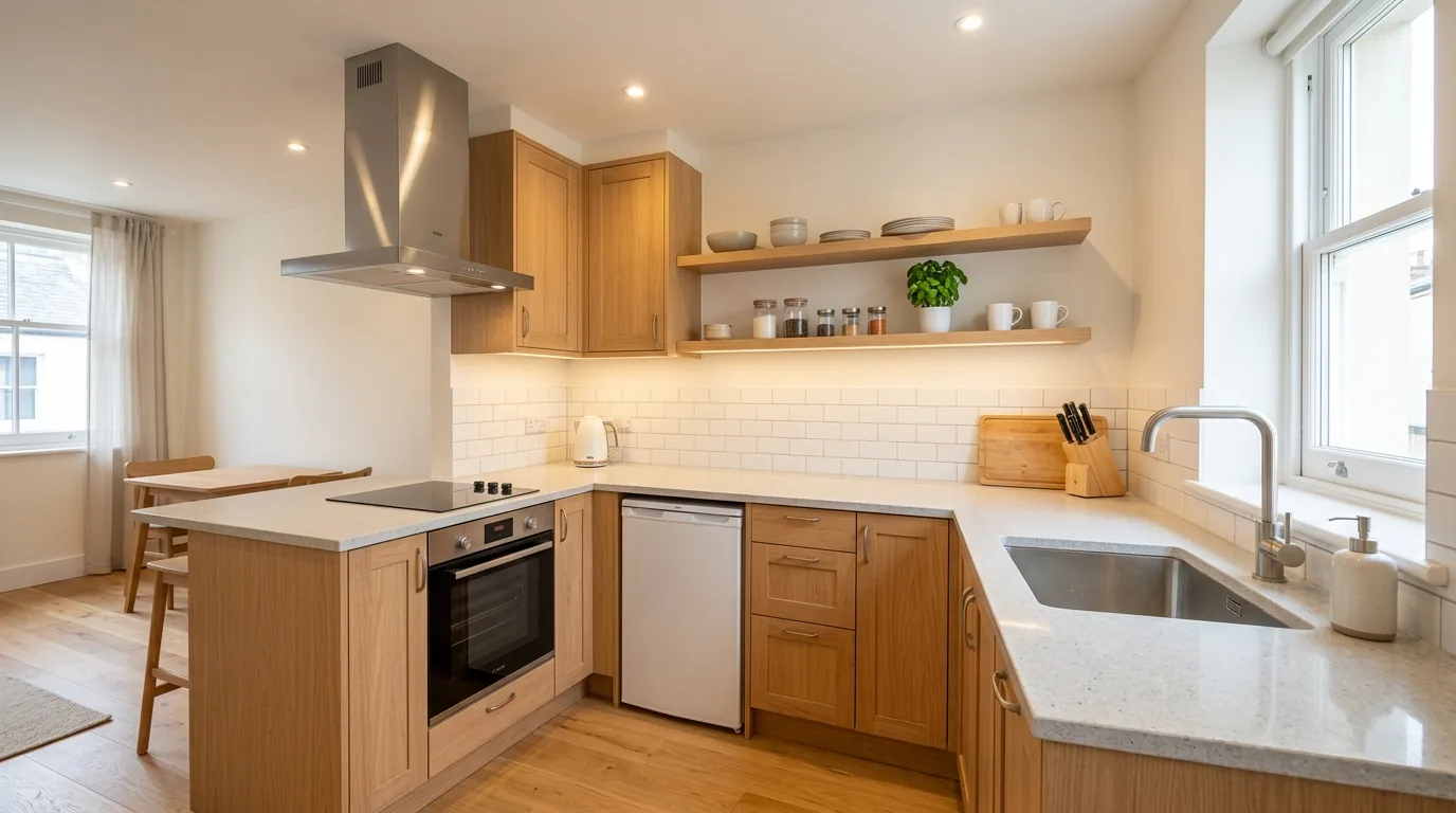 Compact L-shaped kitchen with corner carousel storage and slim island