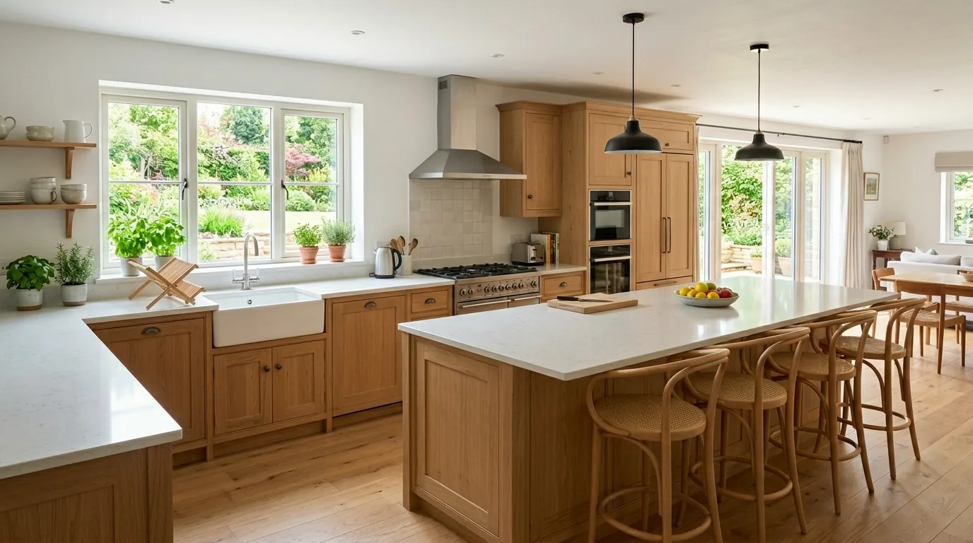 White shaker L-shaped kitchen with wood shelves and brass hardware