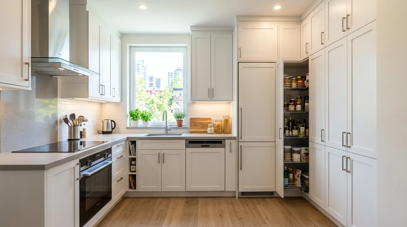 Modern L-shaped kitchen with matte cabinetry and integrated appliances