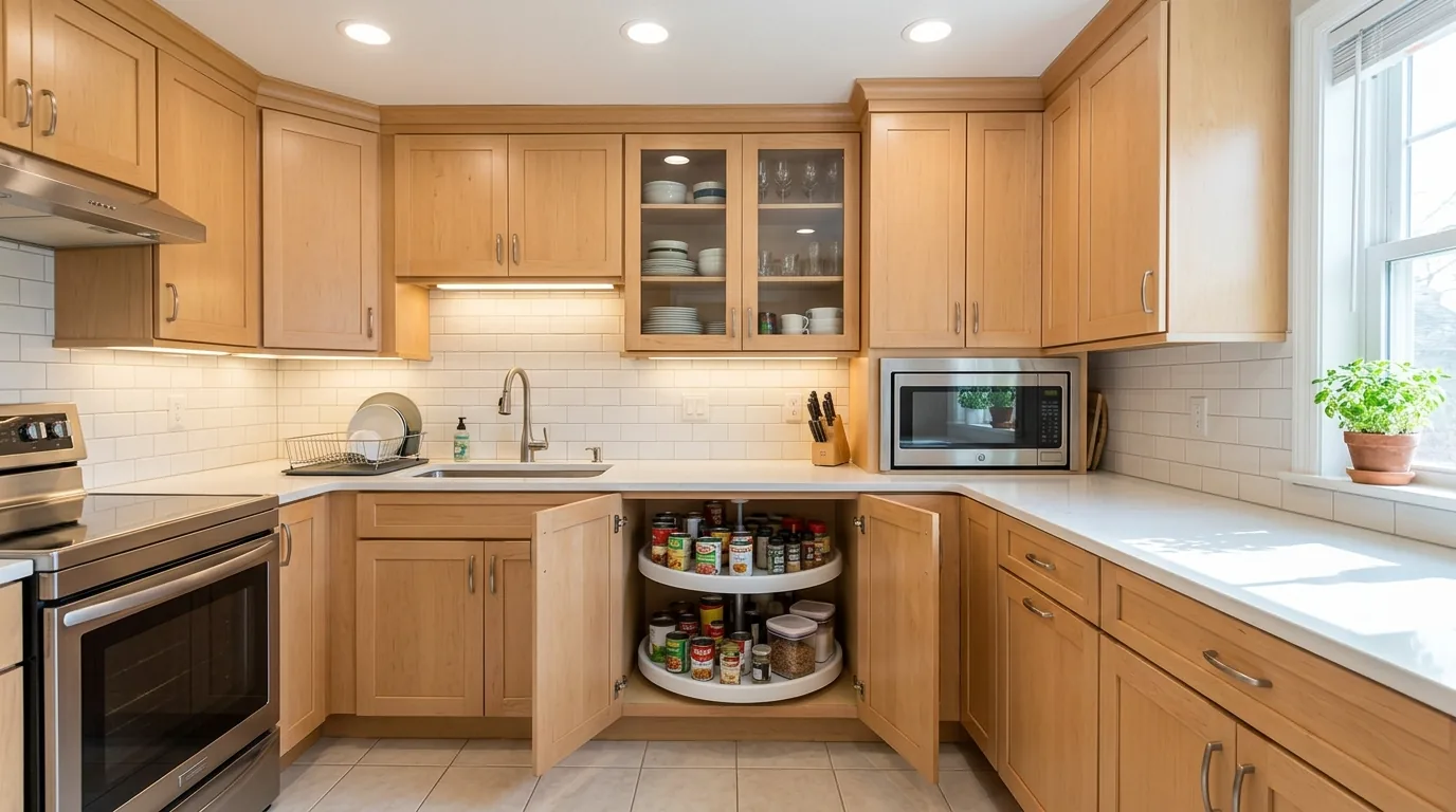 Family kitchen with pantry wall on one leg and cooking zone on the other