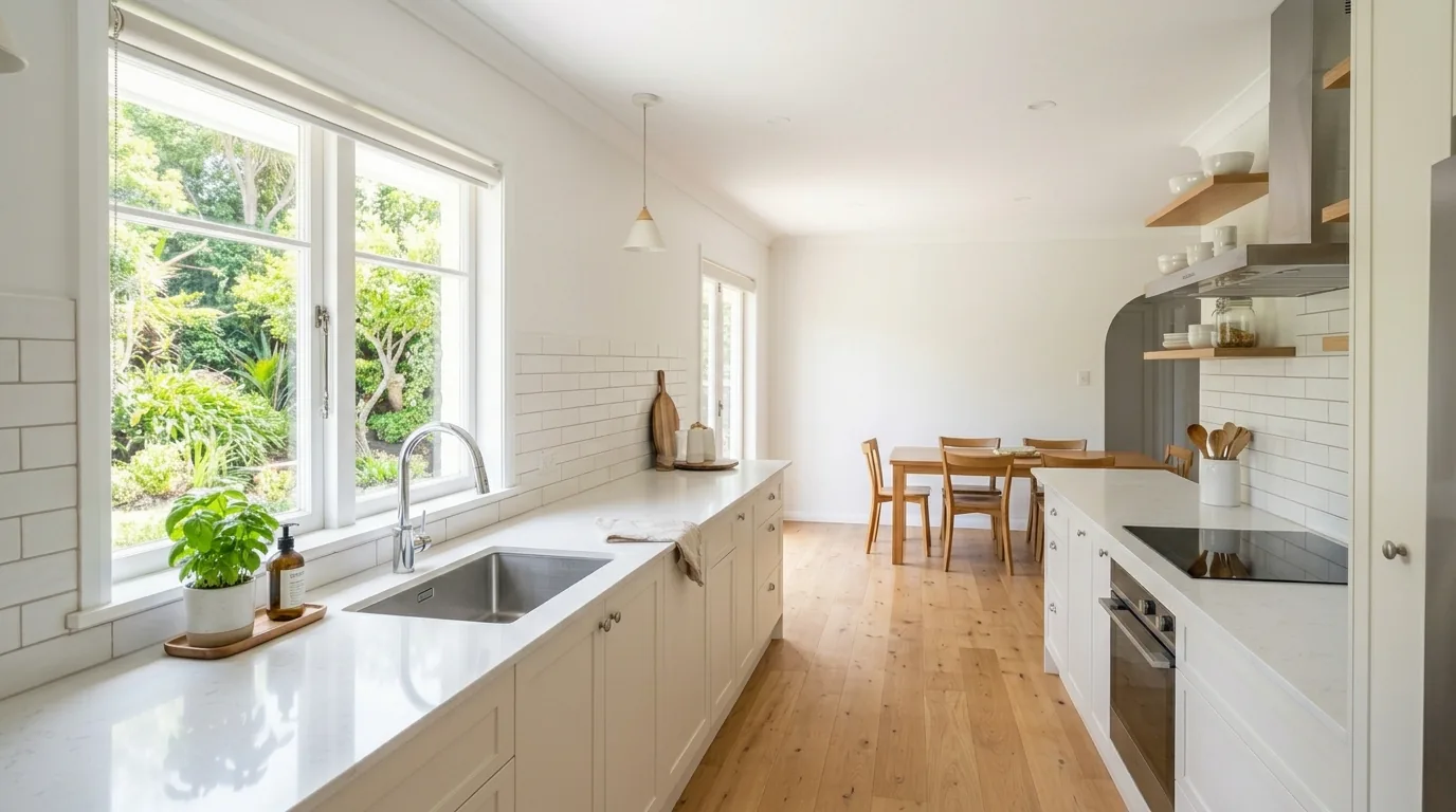 L-shaped kitchen with peninsula for casual seating
