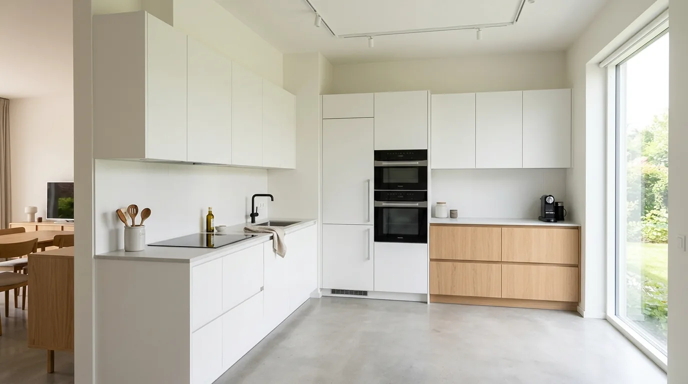 Small apartment L-shaped kitchen with upper cabinets to ceiling and compact corner sink
