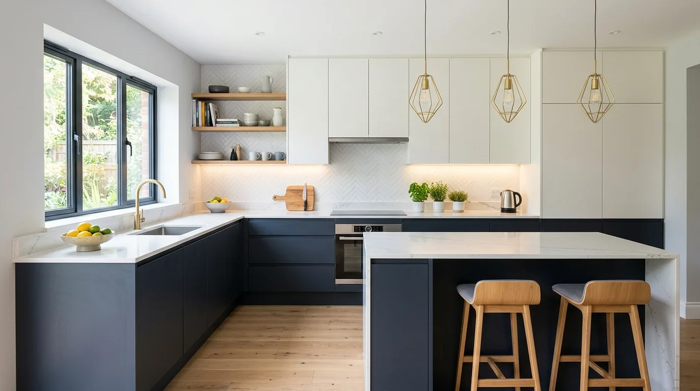Luxury L-shaped kitchen with waterfall island and hidden storage corner