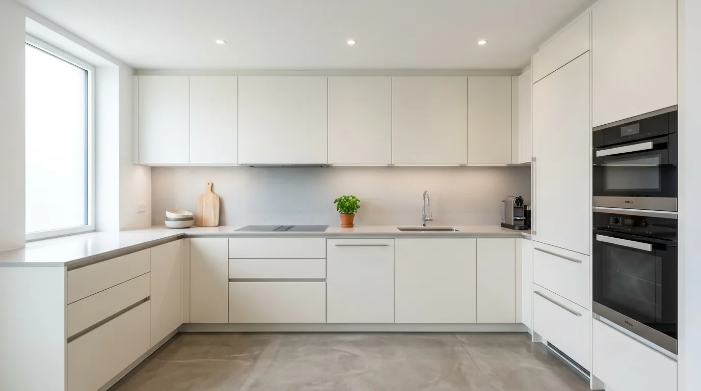 Black-and-white L-shaped kitchen with statement backsplash and optimized drawers