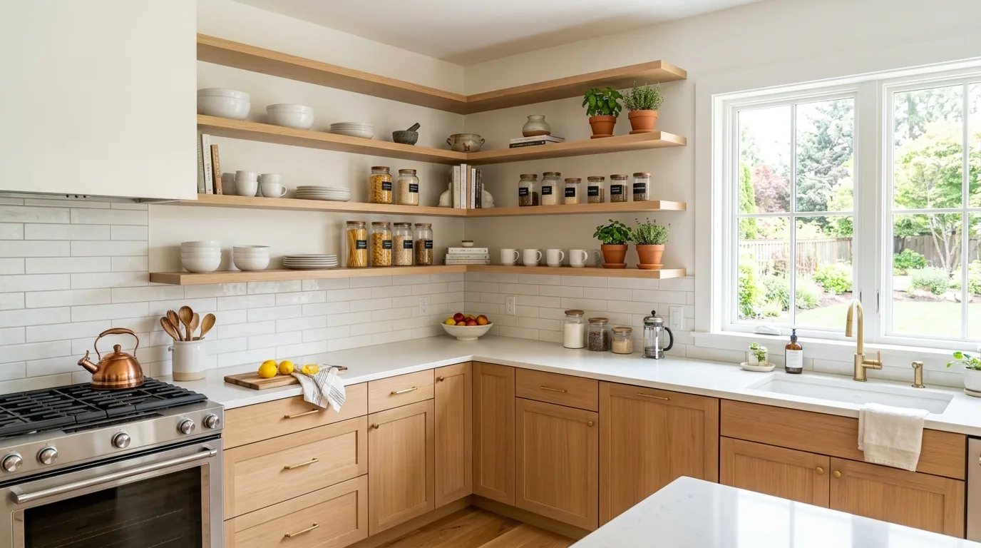 Farmhouse L-shaped kitchen with open corner shelf styling and apron sink