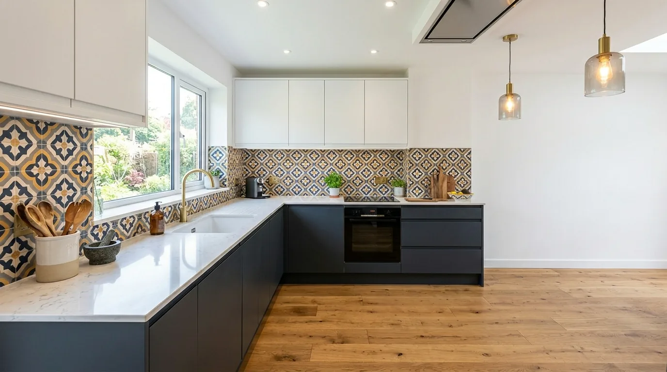 Narrow L-shaped kitchen using one wall for tall storage and one for cooking