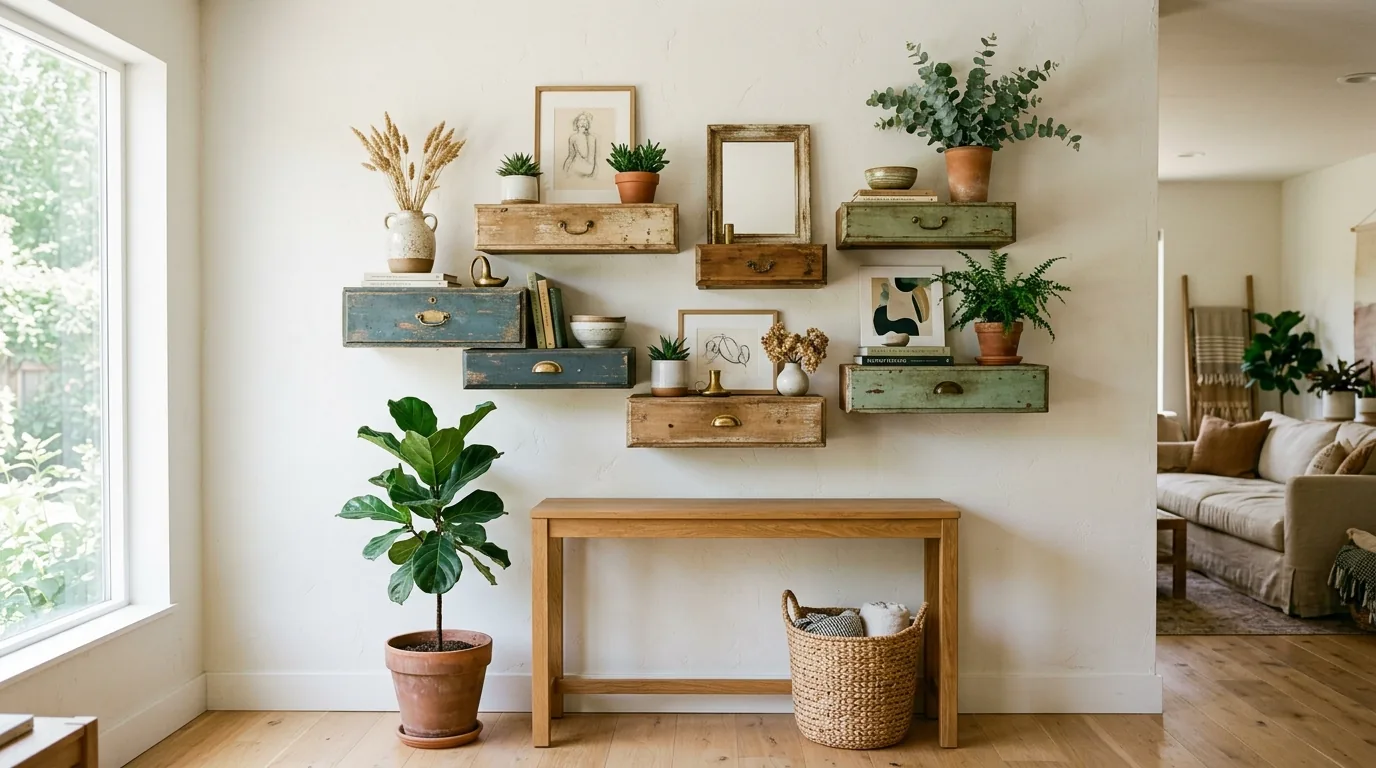 Wine bottles reused as taper candle holders and shelf accents