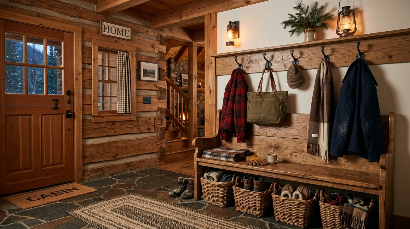Loft or reading nook with sloped timber ceiling and knit blankets