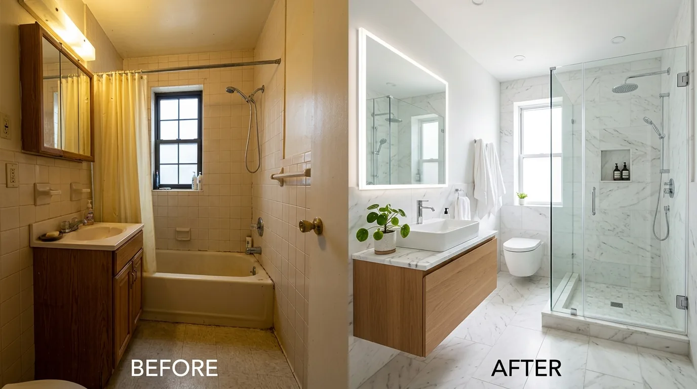 Soft neutral bathroom with layered tile and warm brass fixtures