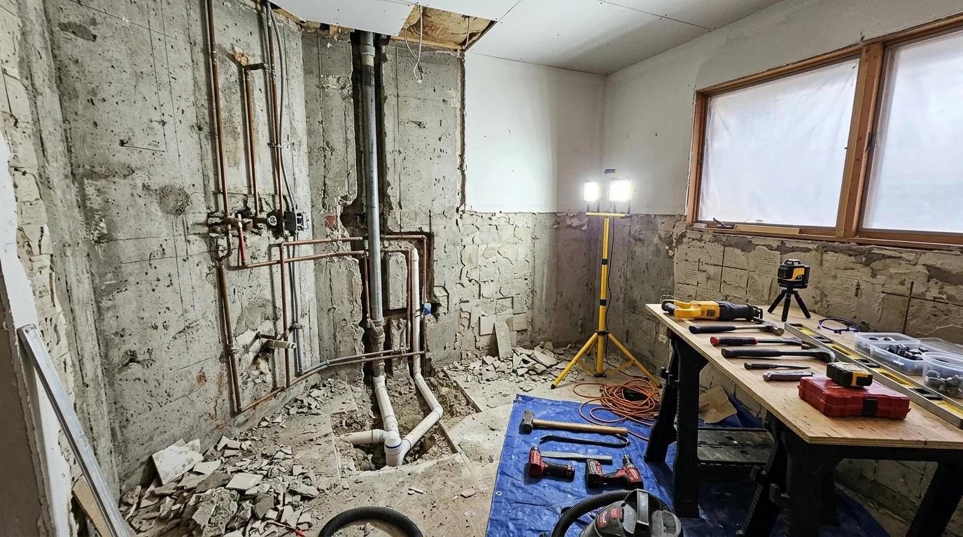 Compact bathroom remodel with wall-mounted vanity and recessed storage