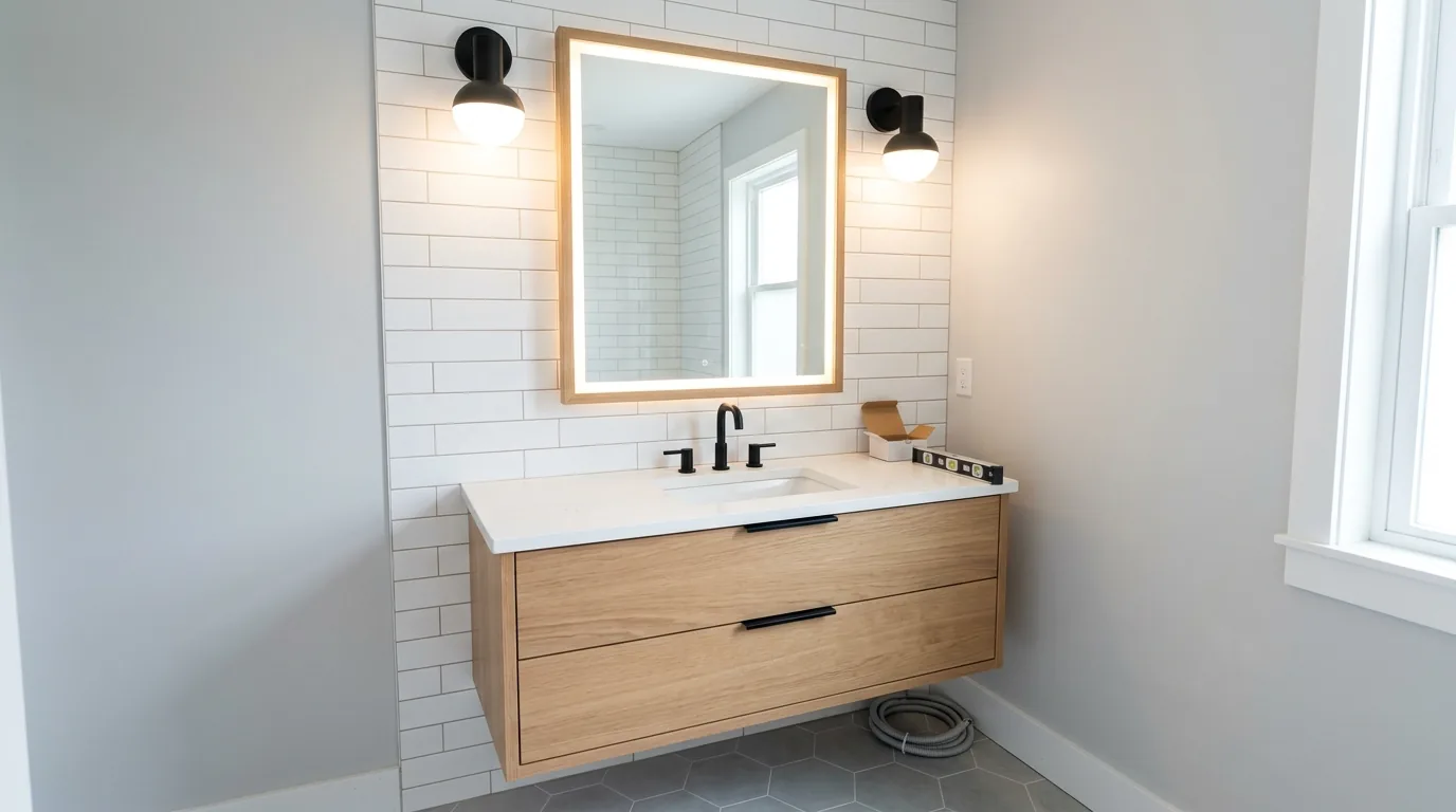 Classic white bathroom with black accents and better zoning