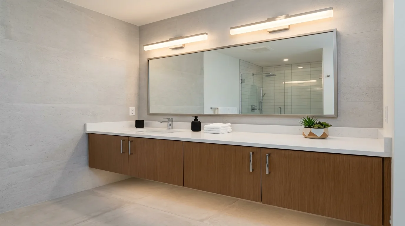 Family bathroom makeover with durable tile and concealed storage