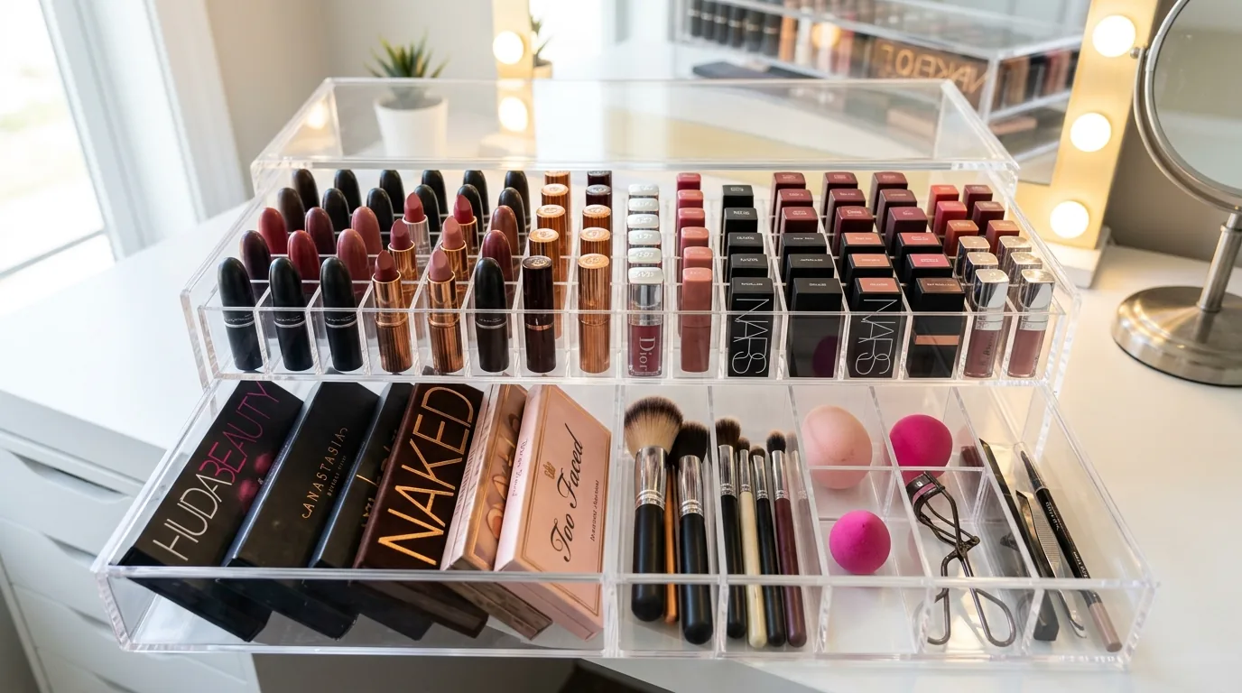 Makeup drawer with dividers for brushes