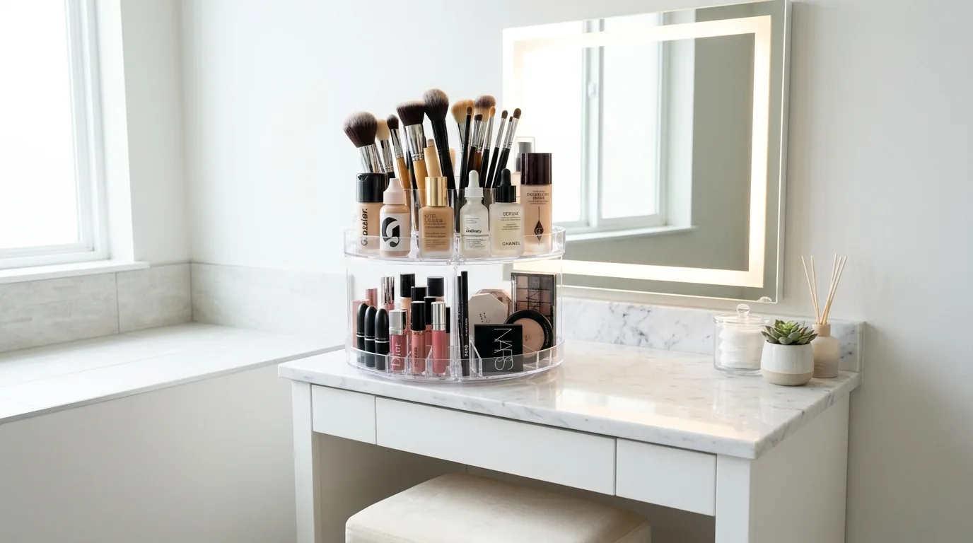 Small vanity with rotating tabletop organizer and mirror