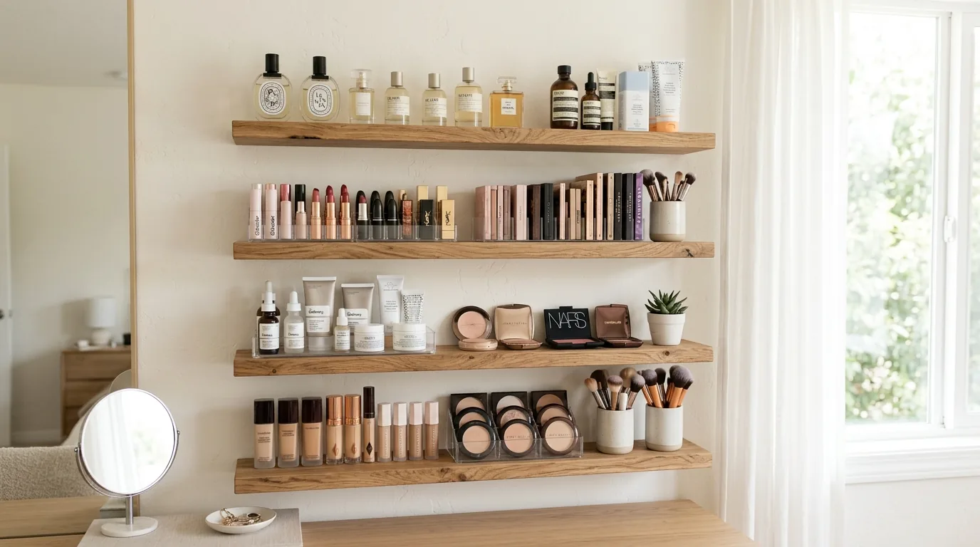 Glam vanity with glass tray for perfumes and daily products