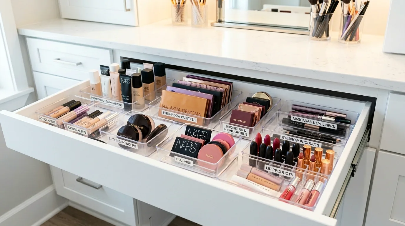 Bathroom vanity drawer with labeled bins for cosmetics and skincare