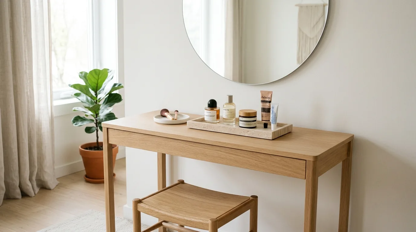 Makeup cart tucked beside vanity with baskets by category