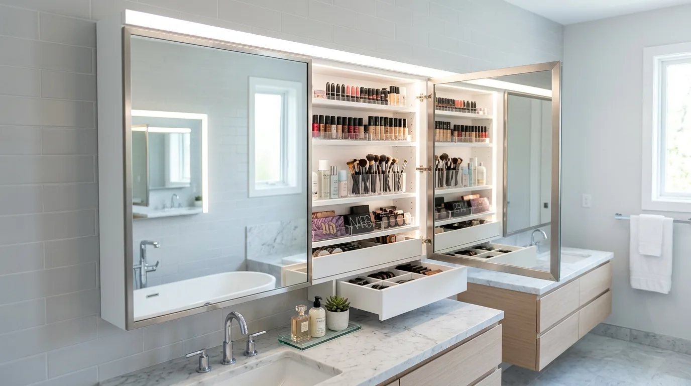 Minimal vanity with one brush holder and one product tray