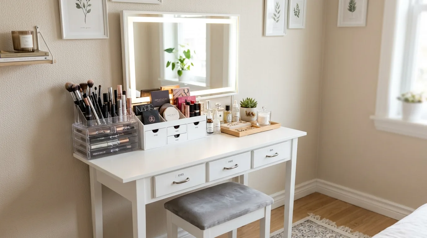 Travel and backup makeup stored in labeled fabric bins