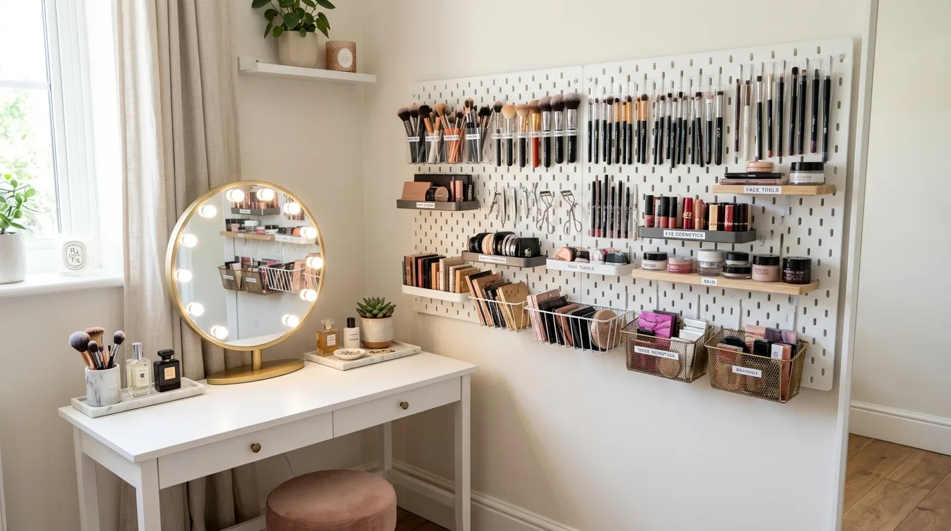 Small apartment makeup storage using wall shelf and compact tray zoning