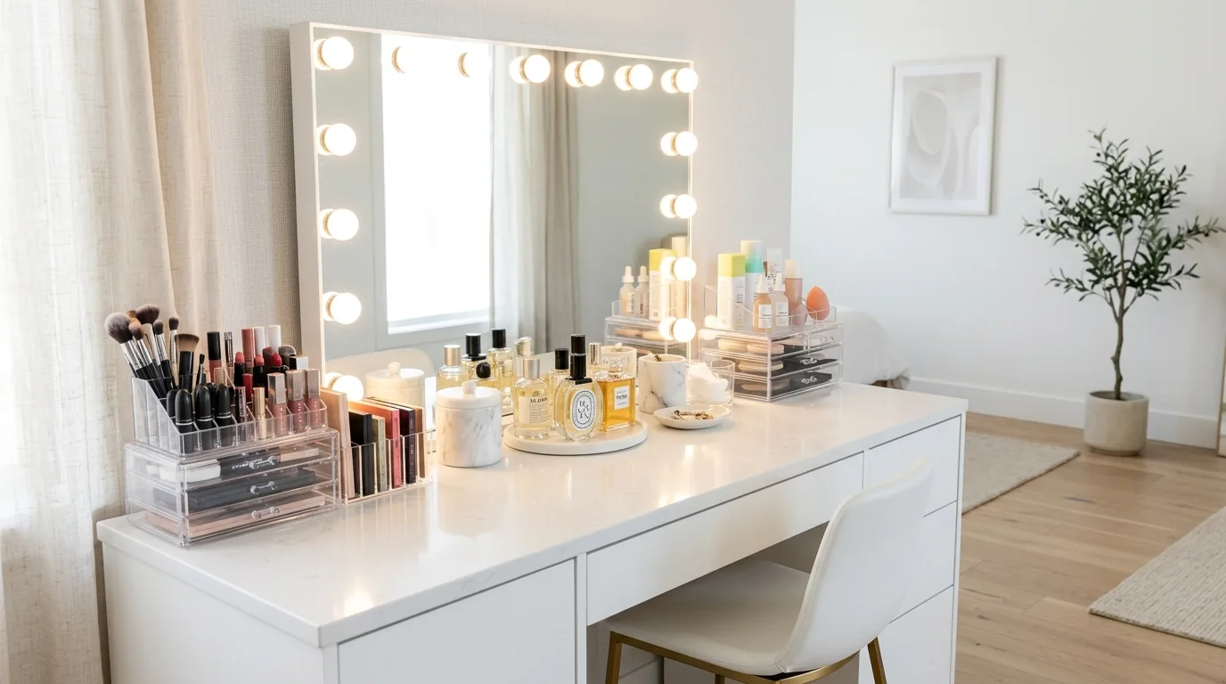 Cinematic vanity setup with grouped beauty storage
