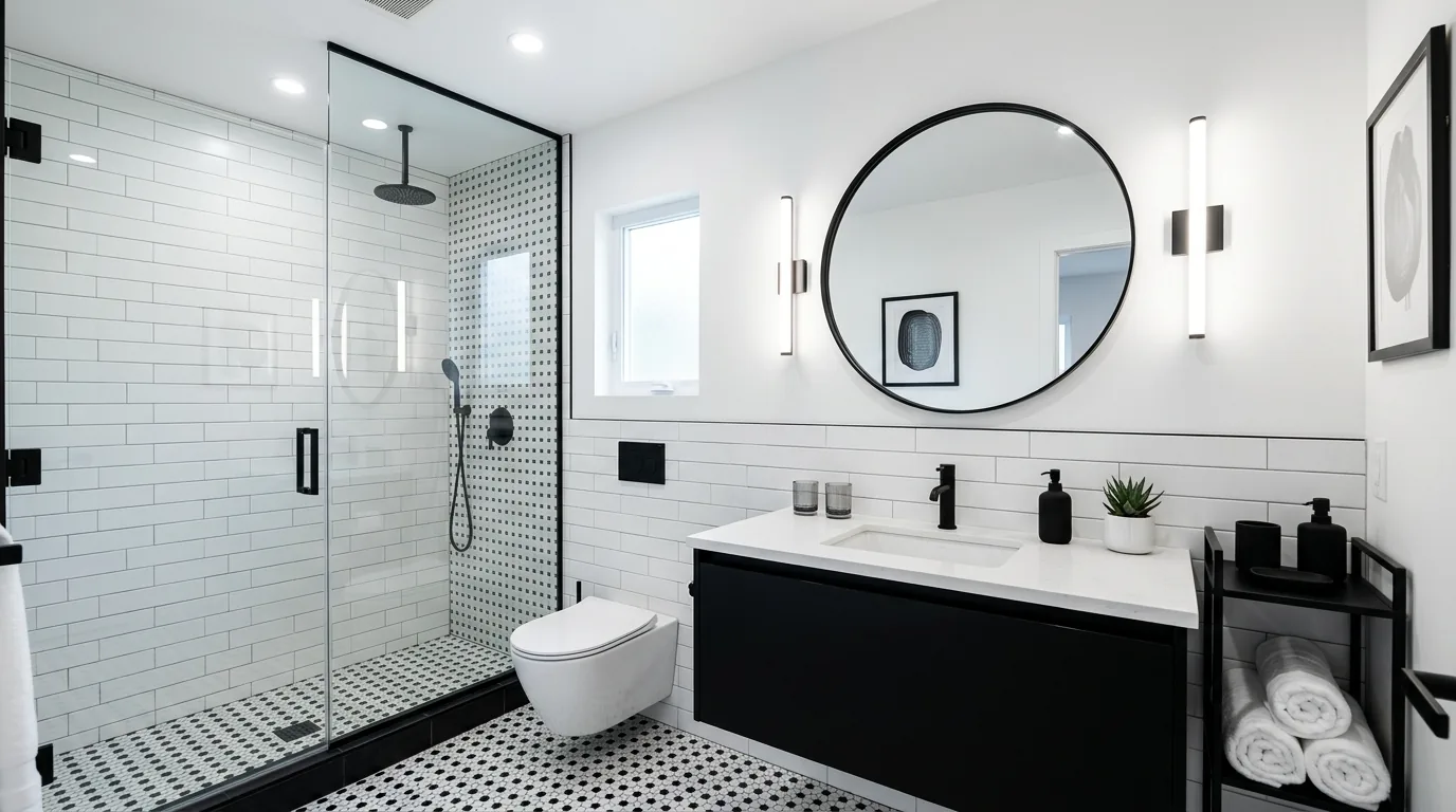 Entryway in clay-toned accents with warm white trim